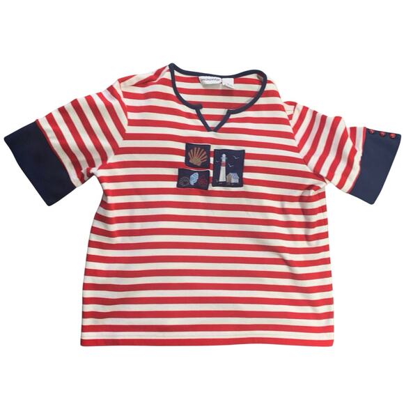 breckenridge Tops - Nautical Red Striped Breckenridge V Neck T Shirt Navy Blue Trim Patches MEDIUM
